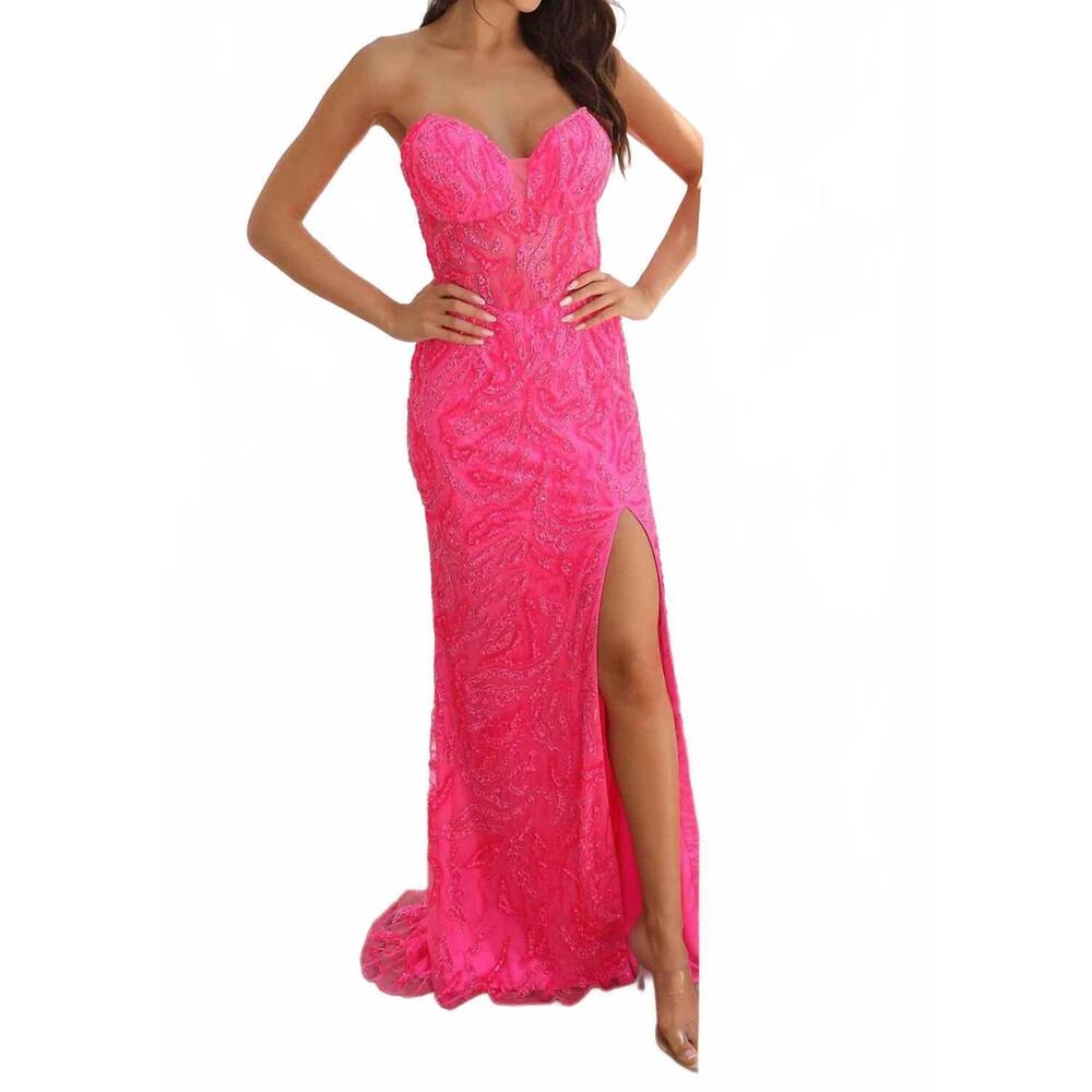 NEW PRIMAVERA strapless beaded sequin prom dress in neon pink